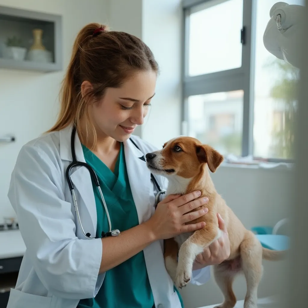 Profesional veterinaria sosteniendo con cuidado a un perro