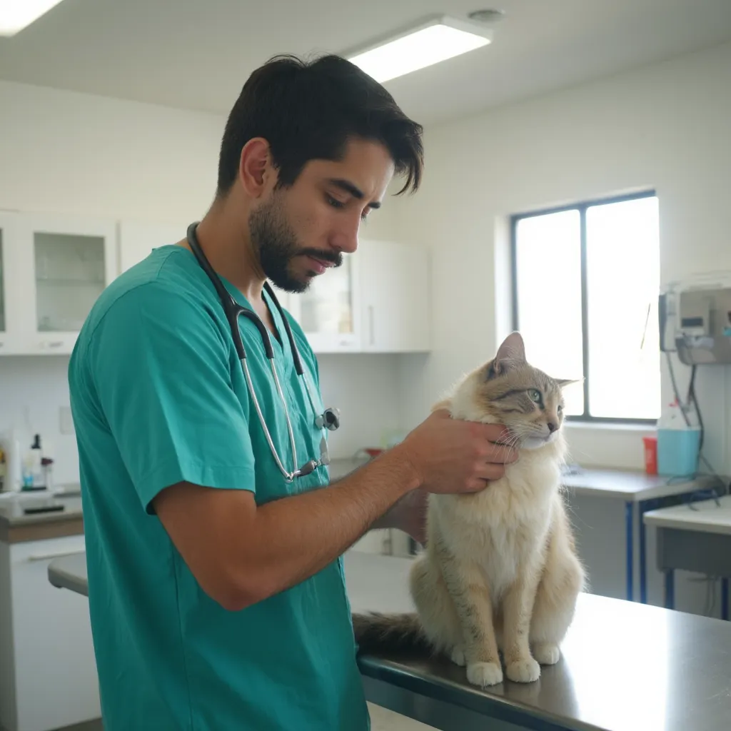 Profesional veterinario examinando cuidadosamente a un gato